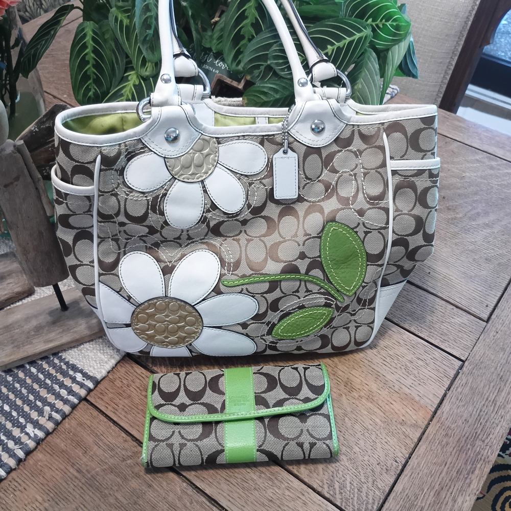 Coach Brown and Green Satchel with Structured Design